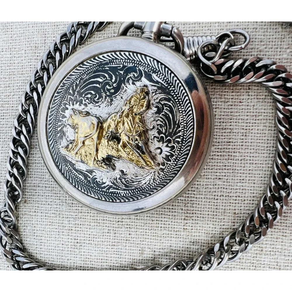 Montana Silversmiths Cowboy Pocket Watch Silver Gold Tone Western Quartz